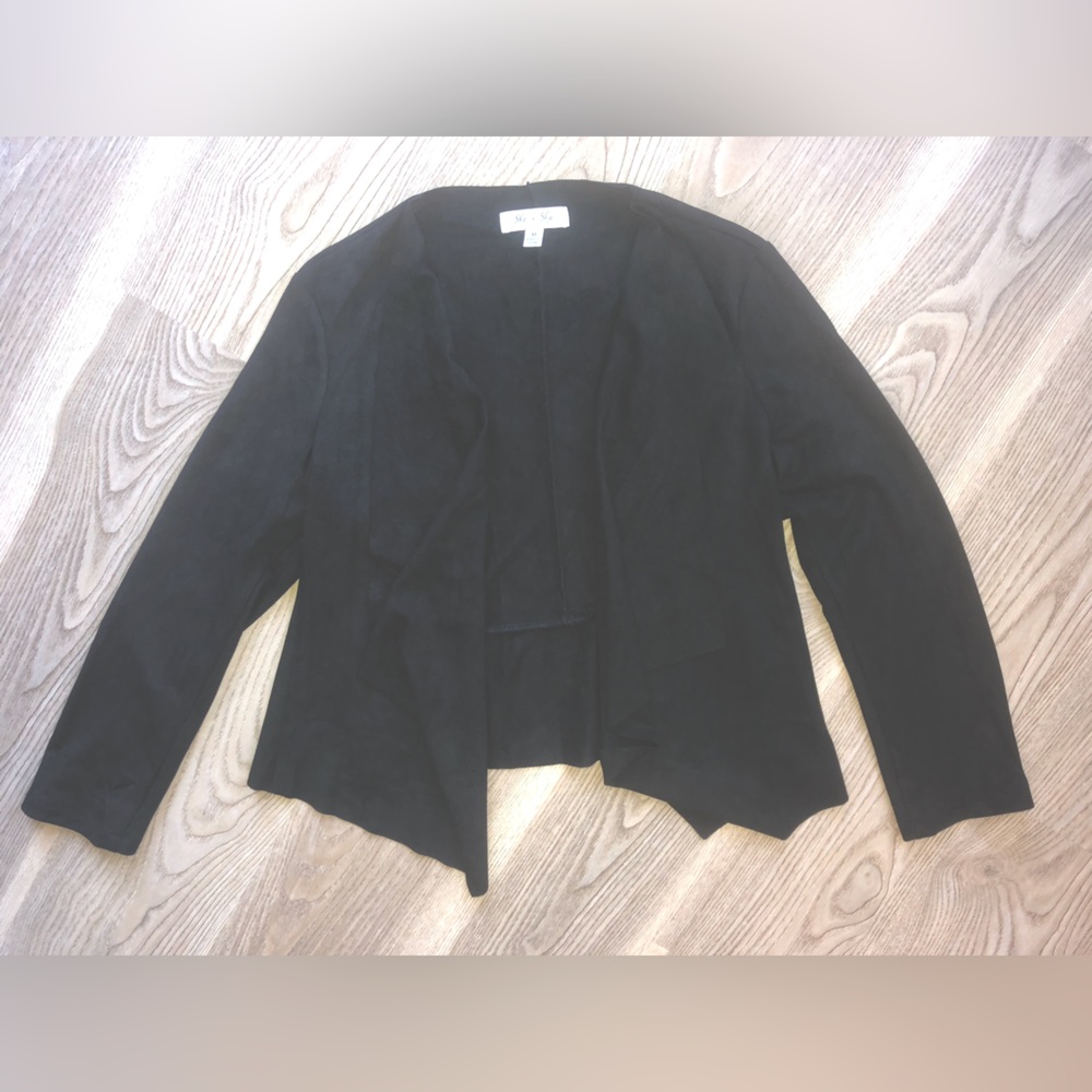 EUC, She + Sky, Size M, Black Faux Suede Waterfall Front, Cropped Back Jacket